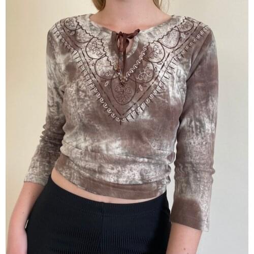 Y2K Fairycore Grunge Tie Dye T-shirt 90s Vintage Indie Graphic Autumn Long Sleeve Crop Top Women Pullovers Tees Shirt Streetwear