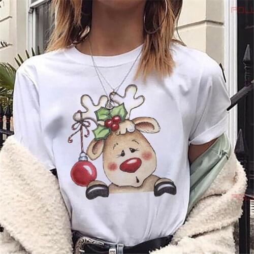 Womens Fashion Kawaii Christmas Clothes Cartoon Reindeer Print Short Sleeved T-shirts Casual Soft Basic Tee