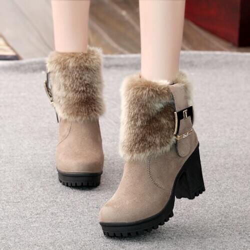 Women Shoes Heel Women Winter Shoes Classic Buckle Warm Fur Snow Ladies Boots High Heels Black Platform Ankle Boots Women Botas