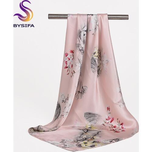 [BYSIFA] Women 100% Silk Neck Scarf Head Scarf Spring Autumn New Accessories Floral Pure Silk Square Scarves Ink painting Scarf