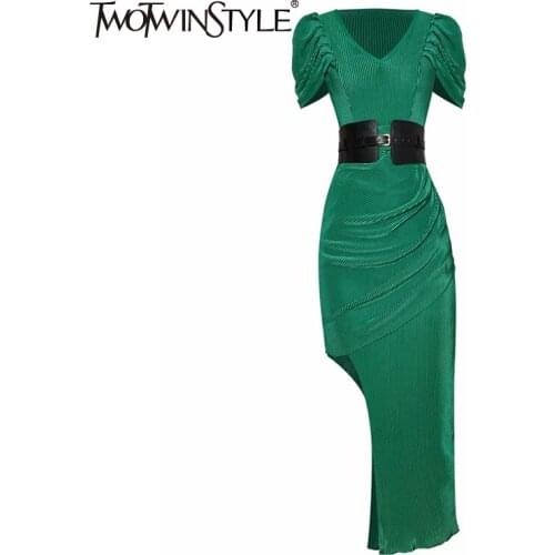 TWOTWINSTYLE Irregular Green Patchwork Belt Gathered Waist Long Dress Female V Neck Short Sleeve Slim Dresses For Women 2021 New