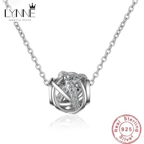 LYNNE Jewelry 925 Sterling Silver Round Woven Hollow Ball Zircon Pendant Necklace Women Fine Gift Rhinestone CZ Clavicle Chain