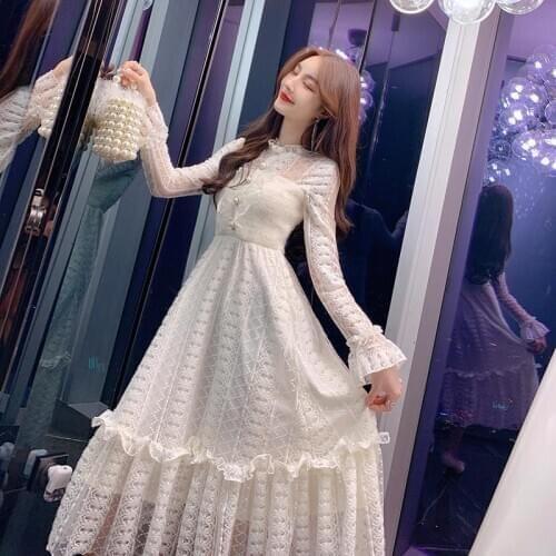 2021 Spring Autumn New Women Retro Elegant French Lace Dress Slim Waisted Solid Round Neck Flare Sleeve Mid-calf Dresses Y547