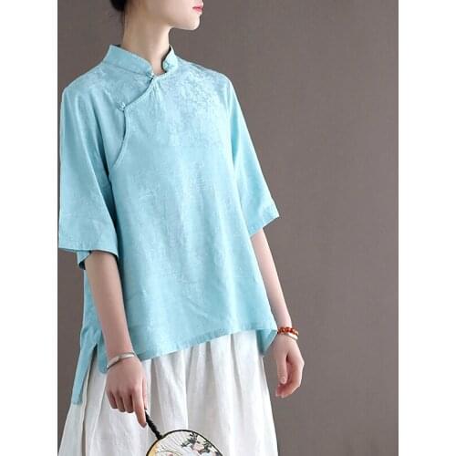 Women Summer Silk Linen Jacquard Blouse Tops Ladies Vintage Shirt Female Blouse 2021 Stand Collar Chinese Style Tops