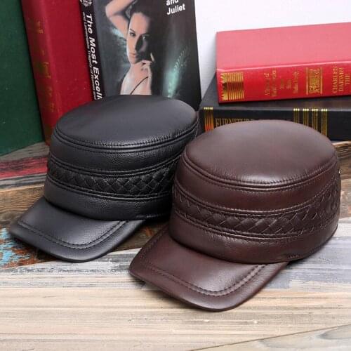 Winter Genuine Leather Military Hats For Men Warm Earflap Hat Cowhide Cap Cow Leather Flat Top Earmuffs Baseball Cap