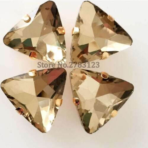 18mm Gold bottom Triangle shape light coffee claw rhinestones,crystal glass sew on stones,diy/Wedding dress/ bag accessories