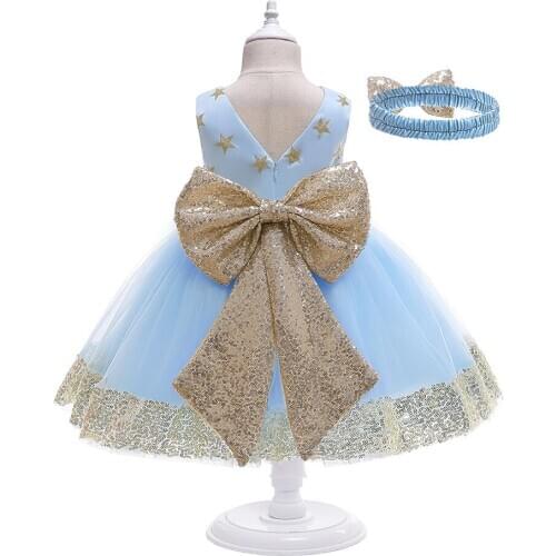 2020 Big Bow Toddler Children Princess Costumes Kids Clothes Summer Girls Dress Party Kids Open Back Princess Dress Sequins