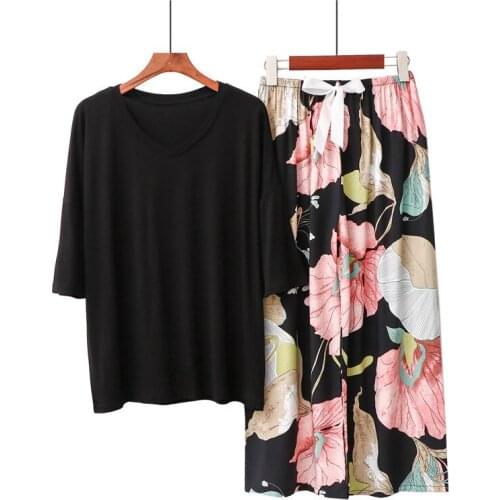 2021 Casual Women Pajamas Set Half Sleeve Tops Wide Leg Pants Outside Loose Loungewear Home Sleepwear Summer T Suit