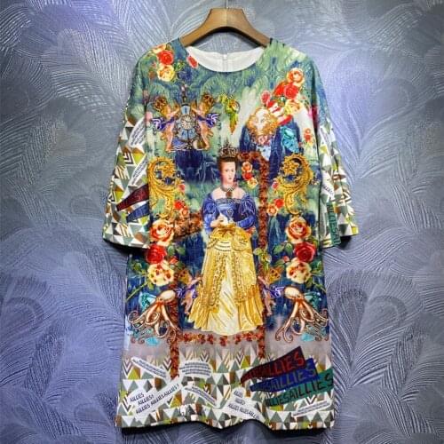 2021 Spring runways floral print half sleeves Women High quality Diamonds vintage Dress C723