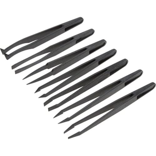 7pcs Black Plastic Antistatic Flat Bottomed Top End Tweezers Hand Tools Set