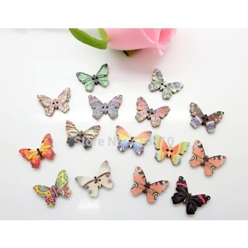 Free shipping -100PCs Random Mixed Lovely Butterfly Cartoon 2 Holes Wood Painting Sewing Buttons Scrapbooking 18x25mm,J1534