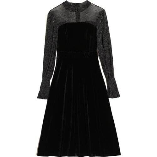 Black Splicing Sexy Party Dress Women A-line Spring Fall New Style Vestido Festa Trendy Velvet Robes Plus Size Dress