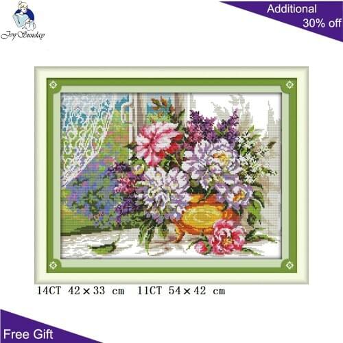 Joy Sunday Windowsill Flowers Home Decor H727 Counted and Stamped Flowers On The Windowsill Embroidery DIY Cross Stitch kits