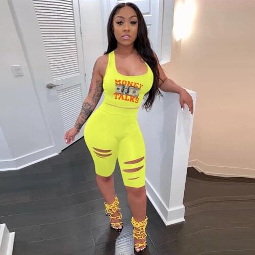 MONEY TALKS Letter Print Sleeveless Slim Fit Tank Top and Hollow Out Knee Length Biker Short for Women Casual Two Piece Outfit
