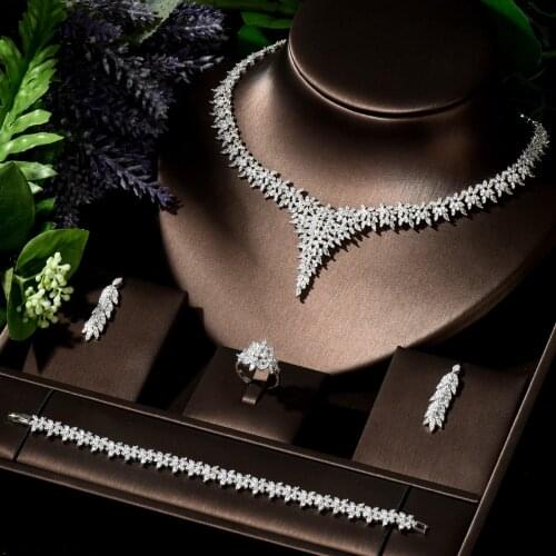 HIBRIDE Gorgeous AAA Cubic Zircon Jewelry Set Leaf Wedding Earring Necklace Set for Lover Brides Popular Jewelry Gift N-131