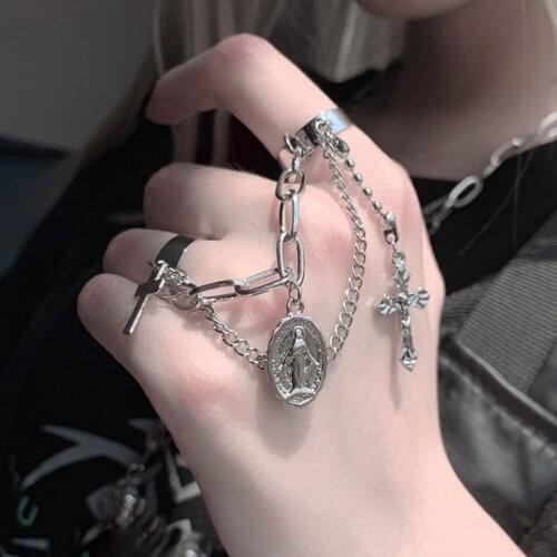 UMKA Vintage Cross PendantSilver Color Open Rings For Women Punk Hip Hop Adjustable Ring Fashion Jewelry Best Gift Ring Set
