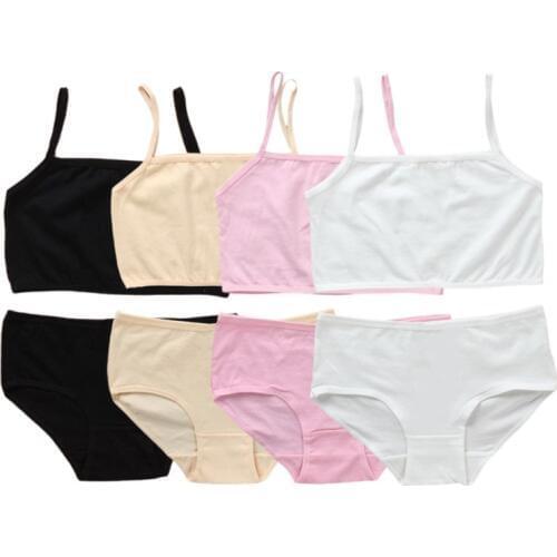 Hot Solid Training Bra Underwear Sets Cotton Teenage Puberty Students Bra Vest Brassiere Panties