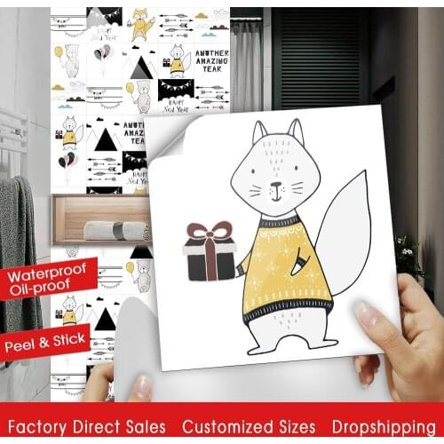10pcs/set Nordic Style Cartoon Animals Hard Tiles Wall Sticker Kitchen Wardrobe Home Decor Wallpaper Peel & Stick PVC Art Mural