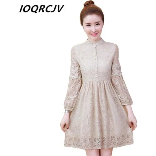 New Women Dress 2019 Spring Lace Floral Long Sleeve Stand Collar Mini A-line Dress Elegant Party Dress Female Vestido Plus Size