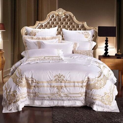 New White Quality Cotton Bedding Set US King Queen size Chic Golden Embroidery Bedding Sets Super Soft Bed Sheet Set Duvet Cover