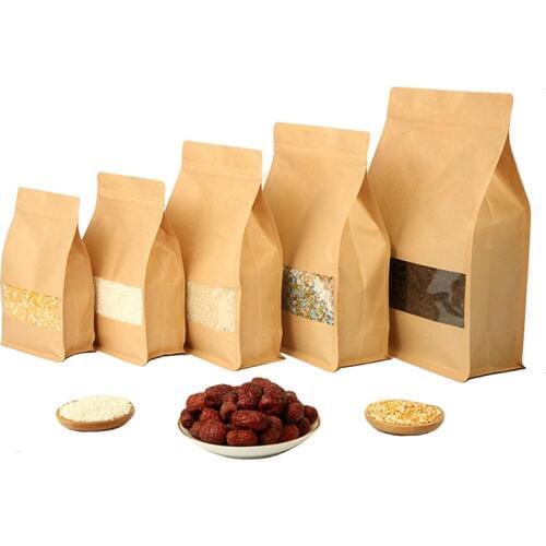50 Pcs Big Capability Stand-up Kraft Paper Food Packaging Bag with Frosted Window, Pouch for Food Nuts Cookie Candy Baking Tea