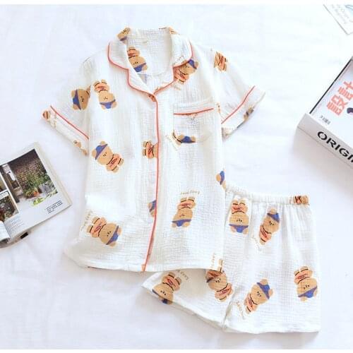 Summer Crepe Women Pajamas Cotton Short Sleeve Lounge Wear Cartoon 2 Piece Sleepwear Double Gauze Thin Plus Size Home Clothes