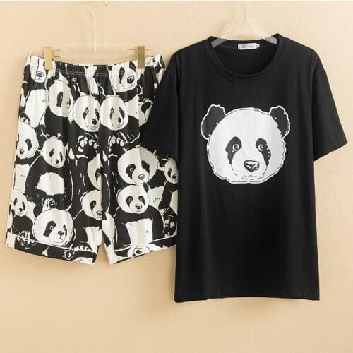 Couple Panda Short Sleeve Plus Size Pajamas Female Summer Knitted Cotton Cute Cartoon Casual Loose Two Piece Set Women and Men