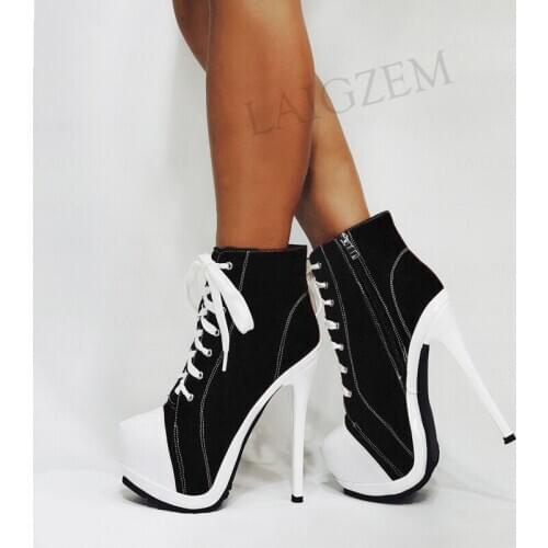 SEIIHEM Women Ankle Platform Boots Side Zip High Heels Short Booties Canvas Unisex Shoes Woman Botas Large Size 41 42 44 47 52