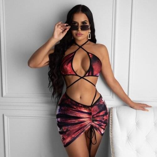 Sexy Print Bikini 2021 Swimsuit Women 3 pieces set Halter Lace Up Wrap Around Bikini Set Swimwear Summer Bather Bathing Suit