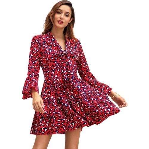Women Red Summer Leopard Print Dress Long Sleeve Lapel Slim V Neck Girls Dresses High Waist Mini Sexy Ladies Tops Party Hot Sale