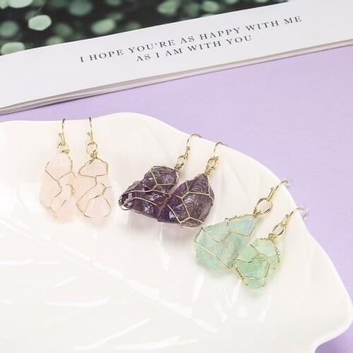 2021 New Crystal Natural Raw Stone Amethyst Earrings for Women Vintage Metal Pendant Drop Earring Fashion Jewelry gift