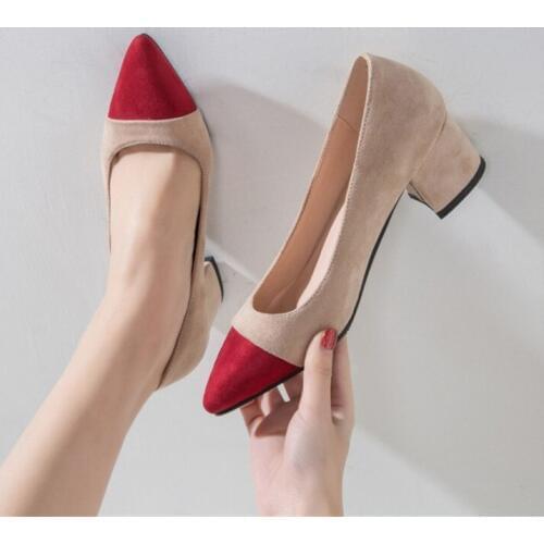 PXELENA Plus Size 34-43 Shoes Chunky Block Med Heels Women Slip On Flock Faux Suede Pointy Toe OL Lady Pumps Mixed Color Spring