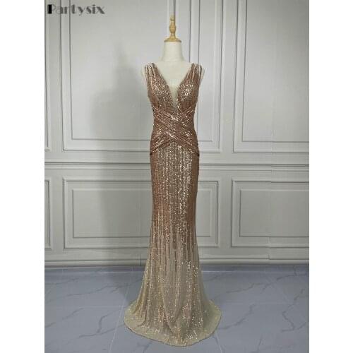 Partysix 2021 Sexy Deep V Neck Backless Sequin Dress High Split Bodycon Maxi Dress Female Evening Party Dress Prom Gown