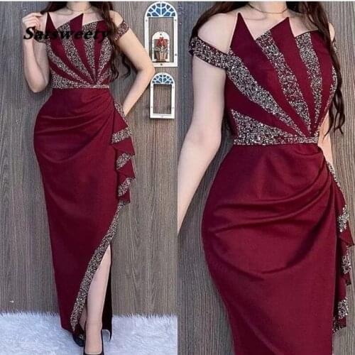 New Arrival Burgundy Arabic Evening dresses for women party Crystals Beading Caftan dubai Evening gowns Vestidos de noche