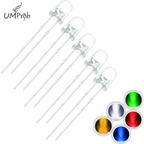 100Pcs/Lot 5 Colors 3MM Ultra Bright Emitting Diode Dides Round Water Clear Green/Yellow/Blue/White/Red LED Light Lamp