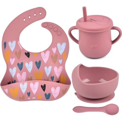 4Pcs/Set Silicone Baby Bibs Tableware Set Sippy Cup Heat-resistant Waterproof Dishes for Kids Feeding Dinnerware Kitchenware