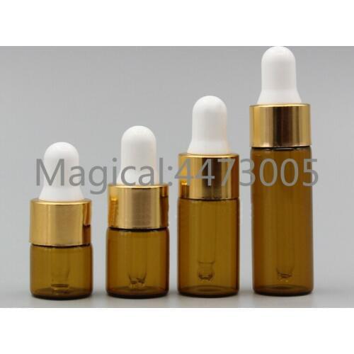 50/100/200pcs 1ml 2ml 3ml 5ml Perfume Essential Oil Bottles brown Glass Dropper Bottle Jars gold ring white head sample bottle