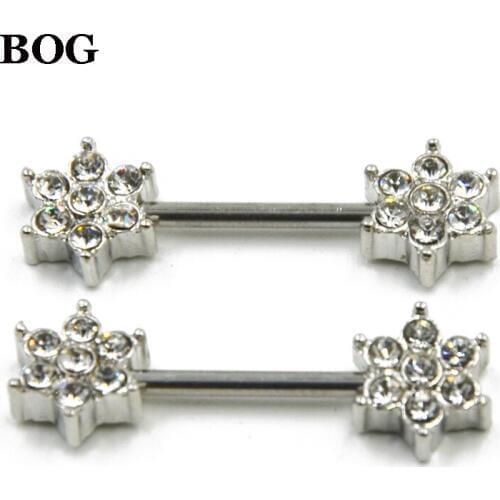 BOG-Pair 316l Surgical Steel Flower Nipple Barbell Ring with CZ Gem Piercing Nipple Barbell Rings Nipple Shiled Body Jewelry