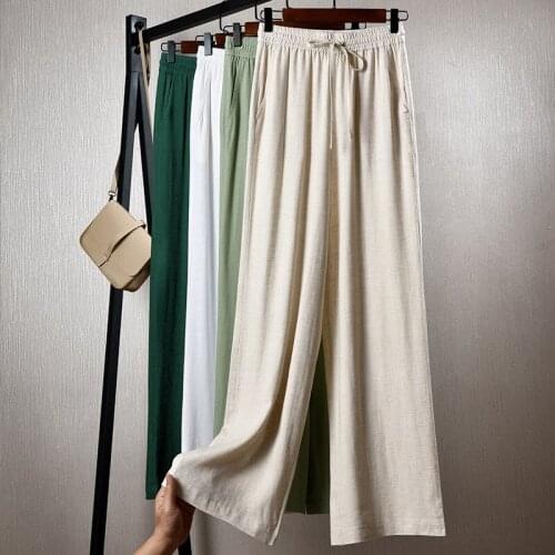 Streetwear Womens Summer Trousers Cotton Linen Straight Pants Drawstring Elastic Waist Loose Casual Wide Leg Pants for Women