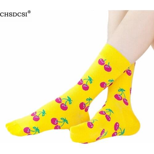 CHSDCSI 1 Pair New Arrival Cotton Elasticity Sweat Women Long Sock Candy Colors Retro Fruit Food Printed Harajuku Casual Sock