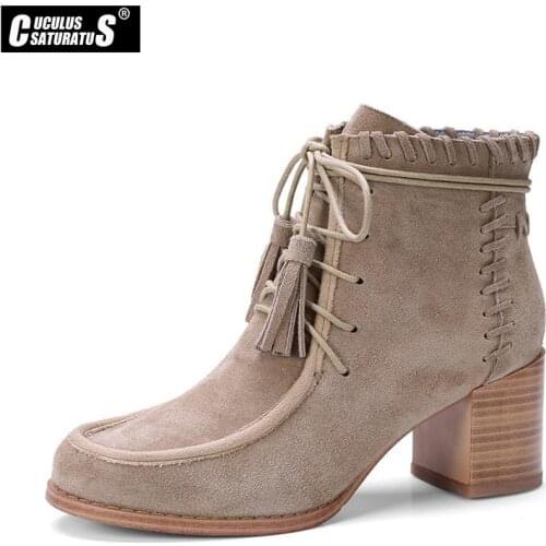 Cuculus Bohemian Ankle boots for women Fringe Lace up Suede Leather Suqare Heel High Boots Female Retro fashion Shoes Winter