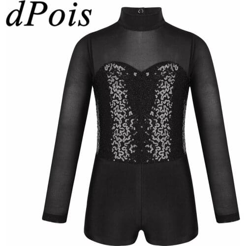 Kids Dance Wear Teens Girls Mock Neck Long Sleeves Sparkly Sequins Tulle Splice Ballet Gymnastic Leotard Ballet Biketard Unitard