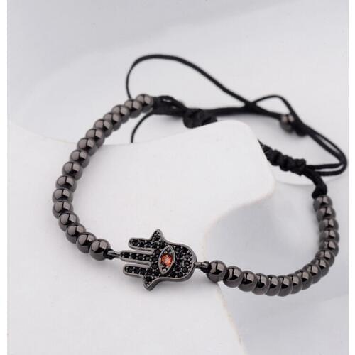 DOUVEI 4 Colors Hand Shape Copper Beads Black Bracelet Charm Men Pave Setting Zircon Evil Eye Weaving Bracelet Homme AB1026