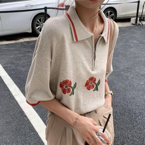 Alien Kitty Beige Florals Sweet T-Shirts Printing Lapel Vintage Knitted Summer 2021 Cotton Short Sleeve Loose Tops Fashion Mujer
