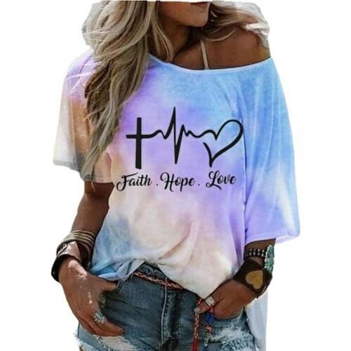 Summer Fashion T-shirt Short Sleeve Loose Female Women Oblique Shoulder Printing T-shirt for Work Tees Tops Ladies Clothing