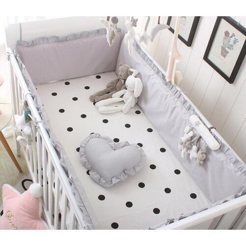 5pcs grey dot Baby Bedding Set Baby Bed Protector Bumper sheet Detachable Cot Bed Linen , 4bumper+sheet