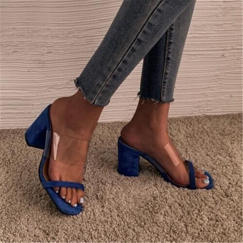 Summer Classic PVC Women Slippers Transparent Square High Heel Thin Belt Casual Party Serpentin High Heel shoes Eu 37-42 Black