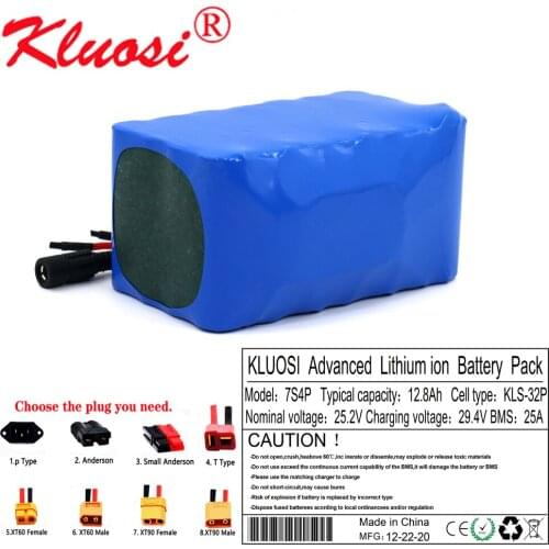 KLUOSI 24V 12.8Ah 12Ah 7S4P 29.4V Li-ION Battery Pack with 25A BMS FOR Electric Moped Ebike Scooters Bicycle Power Wheelchair