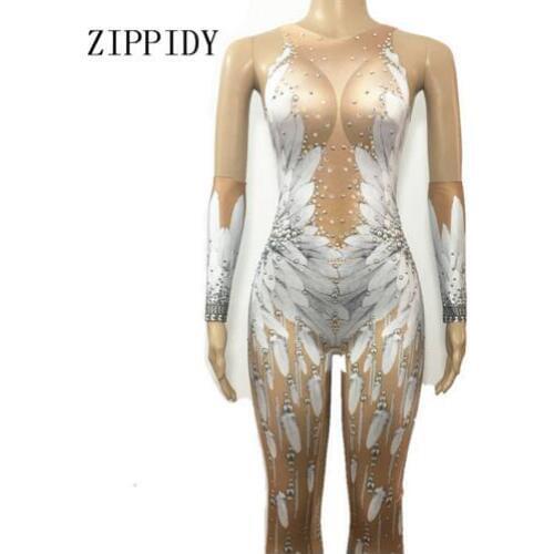 Fashion Crystals Wings Angel Jumpsuit White Feather 3D Printed Bodysuit Nigthclub Singer Dance Outfit Rhinestones