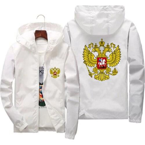 Mens Coat Of Arms Of Russia Eagle Motorcycle Casual Thin Windbreaker Windproof Bomber Coat Zipper Hooded Jacket Plus Size 7XL